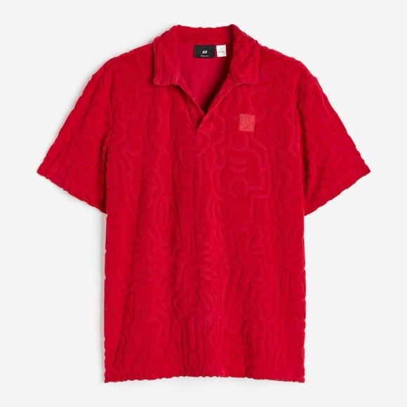 Keith Haring X Polo Shirt Mens Red Embossed Textured Print AOP Y2K Style H&M - Picture 1 of 8